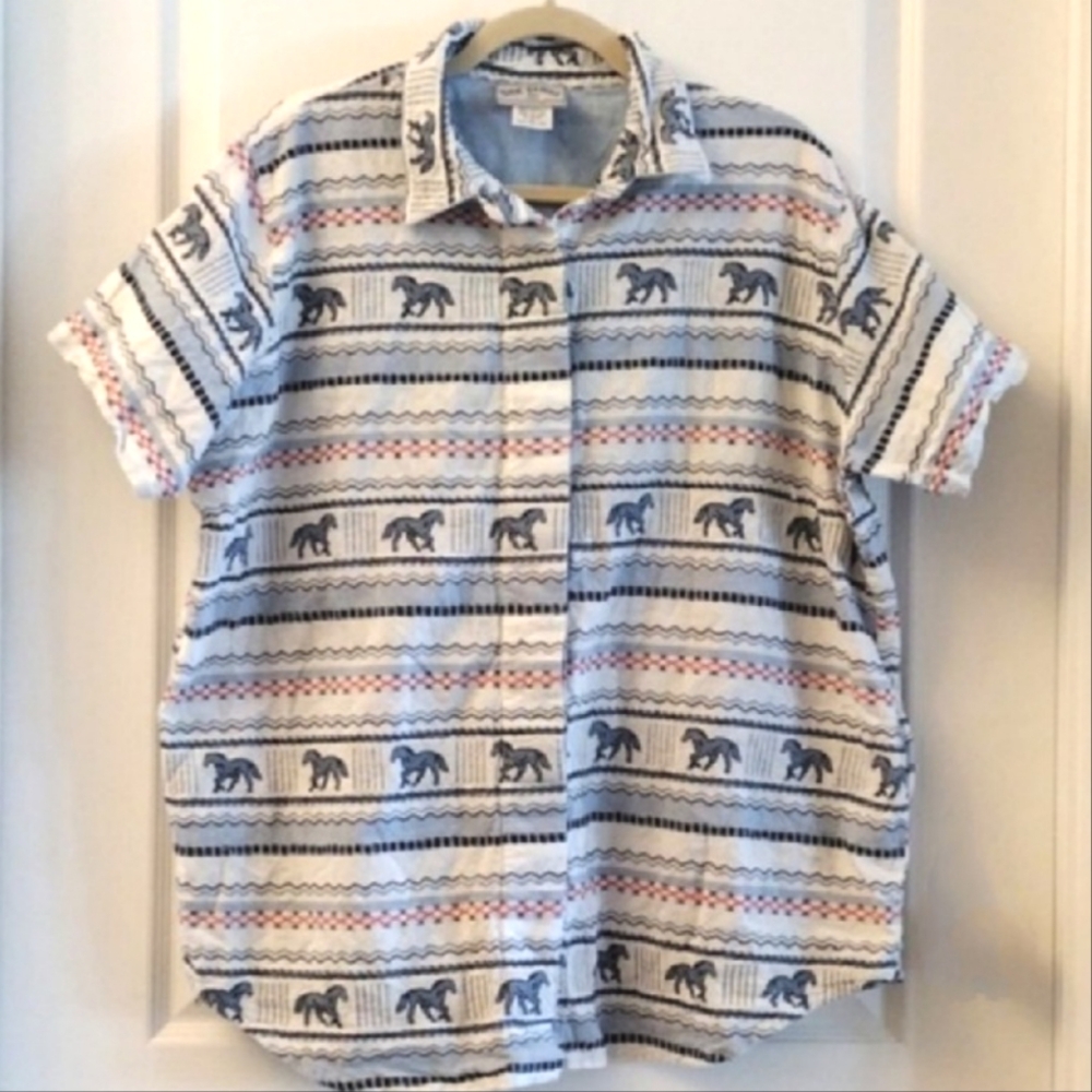Vintage Side Saddle Women's Button Down Shirt With Embroidered Horses. Size 2X